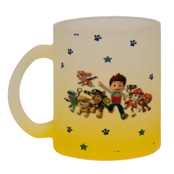 paw patrol, Κούπα γυάλινη δίχρωμη με βάση το κίτρινο ματ, 330ml