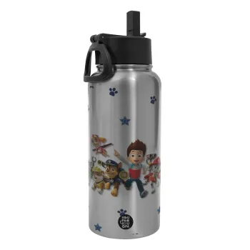 paw patrol, Μεταλλικό παγούρι θερμός Silver με καλαμάκι και χερούλι (Stainless steel), διπλού τοιχώματος, 950ml