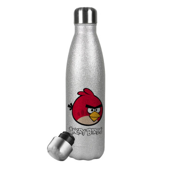 Angry birds Terence, Μεταλλικό παγούρι θερμός Glitter Aσημένιο (Stainless steel), διπλού τοιχώματος, 500ml