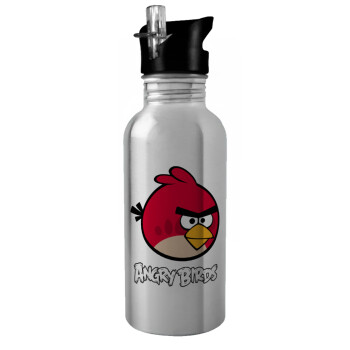 Angry birds Terence, Water bottle Silver with straw, stainless steel 600ml