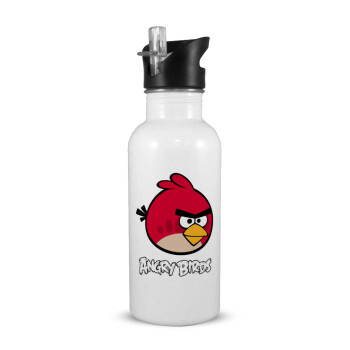 Angry birds Terence, White water bottle with straw, stainless steel 600ml