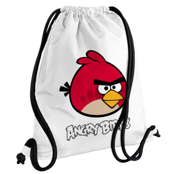 Angry birds Terence, Τσάντα πλάτης πουγκί GYMBAG λευκή, με τσέπη (40x48cm) & χονδρά κορδόνια
