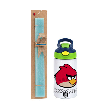 Angry birds Terence, Easter Set, Children's thermal stainless steel bottle with safety straw, green/blue (350ml) & aromatic flat Easter candle (30cm) (TURQUOISE)