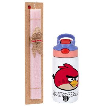 Angry birds Terence, Πασχαλινό Σετ, Παιδικό παγούρι θερμό, ανοξείδωτο, με καλαμάκι ασφαλείας, ροζ/μωβ (350ml) & πασχαλινή λαμπάδα αρωματική πλακέ (30cm) (ΡΟΖ)
