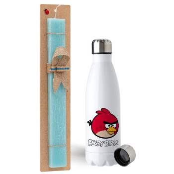 Angry birds Terence, Easter Set, metallic stainless steel water bottle (750ml) & aromatic flat Easter candle (30cm) (TURQUOISE)