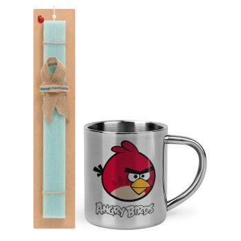 Angry birds Terence, Easter Set, metallic thermal cup (300ml) & aromatic flat Easter candle (30cm) (TURQUOISE)