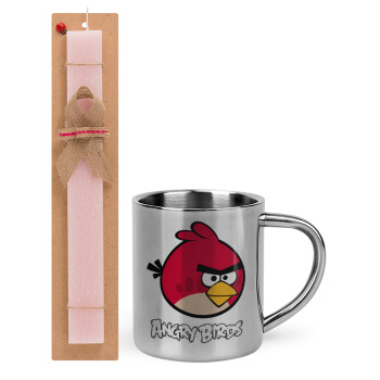 Angry birds Terence, Easter Set, metallic thermal cup (300ml) & aromatic flat Easter candle (30cm) (PINK)
