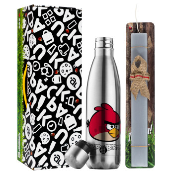 Angry birds Terence, Easter Set, metallic stainless thermos flask (500ml) & scented flat Easter candle (30cm) (GRAY)