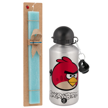 Angry birds Terence, Easter Set, metallic silver aluminum water bottle (500ml) & scented flat Easter candle (30cm) (TURQUOISE)