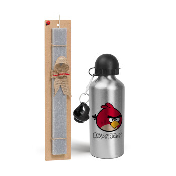 Angry birds Terence, Easter Set, metallic silver aluminum water bottle (500ml) & aromatic flat Easter candle (30cm) (GRAY)