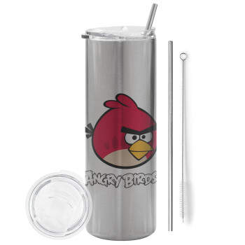 Angry birds Terence, Eco friendly stainless steel Silver tumbler 600ml, with metal straw & cleaning brush