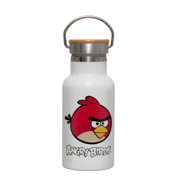 Angry birds Terence, Μεταλλικό παγούρι θερμός (Stainless steel) Λευκό με ξύλινο καπακι (bamboo), διπλού τοιχώματος, 350ml