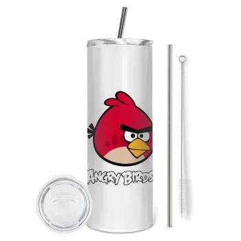 Angry birds Terence, Tumbler ποτήρι θερμό από ανοξείδωτο ατσάλι 600ml, με μεταλλικό καλαμάκι & βούρτσα καθαρισμού