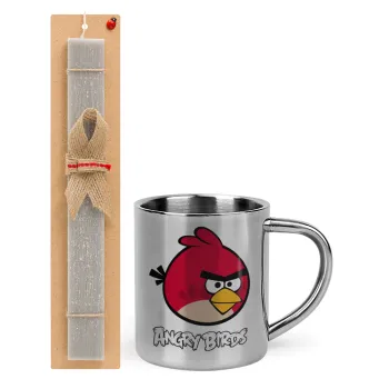 Angry birds Terence, Easter Set, metallic thermal cup (300ml) & Easter aromatic flat candle (30cm) (GRAY)
