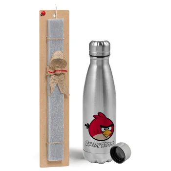 Angry birds Terence, Easter Set, metallic Inox water bottle (750ml) & aromatic flat Easter candle (30cm) (GRAY)