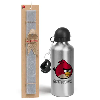 Angry birds Terence, Easter Set, metallic silver aluminum water bottle (500ml) & aromatic flat Easter candle (30cm) (GRAY)