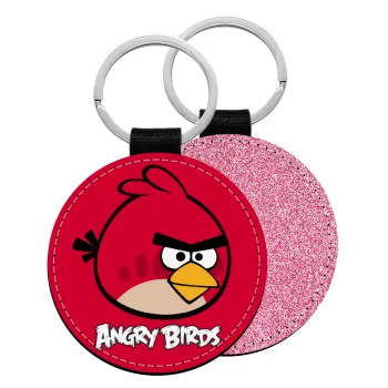 Angry birds Terence, Μπρελόκ Δερματίνη, στρογγυλό ΡΟΖ (5cm)