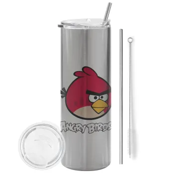 Angry birds Terence, Tumbler ποτήρι θερμό Ασημένιο από ανοξείδωτο ατσάλι 600ml, με μεταλλικό καλαμάκι & βούρτσα καθαρισμού