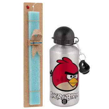 Angry birds Terence, Easter Set, metallic silver aluminum water bottle (500ml) & scented flat Easter candle (30cm) (TURQUOISE)