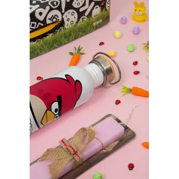 Angry birds Terence, Πασχαλινή Λαμπάδα με παγούρι μεταλλικό (620ml, stainless steel) & κερί αρωματικό πλακέ (30cm) (ΡΟΖ)