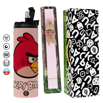 Angry birds Terence, Easter candle,Travel Tumbler 2 Lids, with metal straw & cleaning brush & aromatic flat candle (30cm) (PINK)
