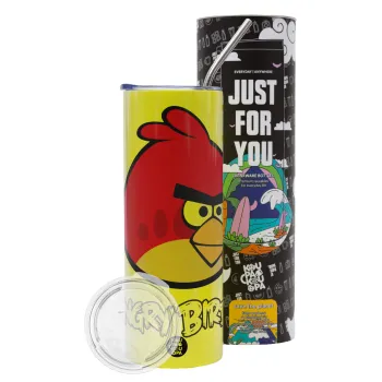 Angry birds Terence, Neon Yellow Travel Tumbler θερμό, μεταλλικό καλαμάκι(Ανωξείδωτο 304 Food grade, BPA free, 600ml)