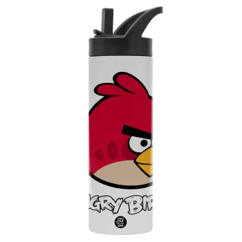 Angry birds Terence, Μεταλλικό παγούρι θερμός με καλαμάκι & χειρολαβή, ανοξείδωτο ατσάλι (Stainless steel 304), διπλού τοιχώματος, 600ml