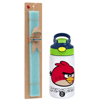 Angry birds Terence, Easter Set, Children's thermal stainless steel bottle with safety straw, green/blue (350ml) & aromatic flat Easter candle (30cm) (TURQUOISE)