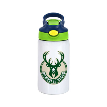 Milwaukee bucks, Children's hot water bottle, stainless steel, with safety straw, green, blue (350ml)