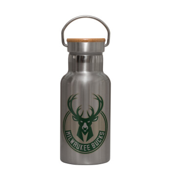 Milwaukee bucks, Μεταλλικό παγούρι θερμός (Stainless steel) Ασημένιο με ξύλινο καπακι (bamboo), διπλού τοιχώματος, 350ml