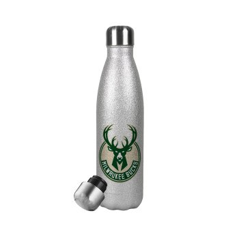 Milwaukee bucks, Μεταλλικό παγούρι θερμός Glitter Aσημένιο (Stainless steel), διπλού τοιχώματος, 500ml
