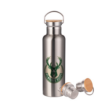 Milwaukee bucks, Μεταλλικό παγούρι θερμός (Stainless steel) Ασημένιο με ξύλινο καπακι (bamboo), διπλού τοιχώματος, 750ml