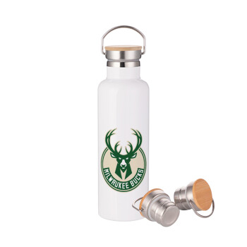 Milwaukee bucks, Stainless steel White with wooden lid (bamboo), double wall, 750ml