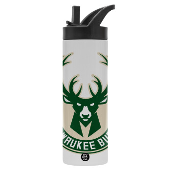 Milwaukee bucks, Μεταλλικό παγούρι θερμός με καλαμάκι & χειρολαβή, ανοξείδωτο ατσάλι (Stainless steel 304), διπλού τοιχώματος, 600ml