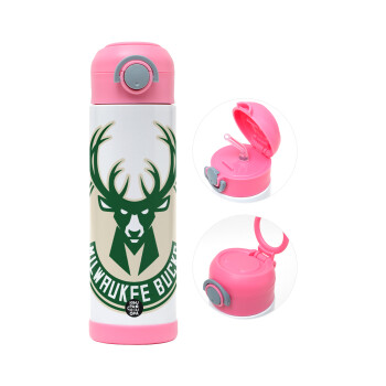 Milwaukee bucks, Παιδικό παγούρι θερμό, ανοξείδωτο, με καλαμάκι ασφαλείας, ΡΟΖ (500ml)
