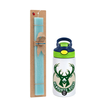 Milwaukee bucks, Easter Set, Children's thermal stainless steel bottle with safety straw, green/blue (350ml) & aromatic flat Easter candle (30cm) (TURQUOISE)