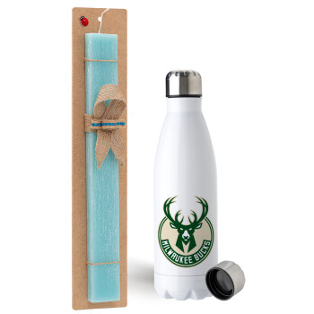 Milwaukee bucks, Easter Set, metallic stainless steel water bottle (750ml) & aromatic flat Easter candle (30cm) (TURQUOISE)