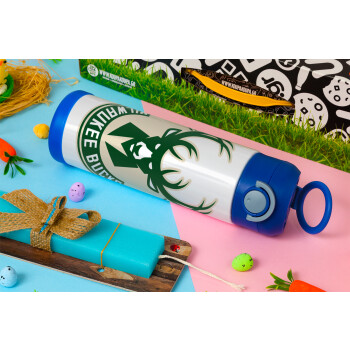 Milwaukee bucks, Easter candle, Childrens hot water bottle, stainless steel, with safety straw, BLUE (500ml)