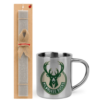 Milwaukee bucks, Easter Set, metallic thermal cup (300ml) & Easter aromatic flat candle (30cm) (GRAY)