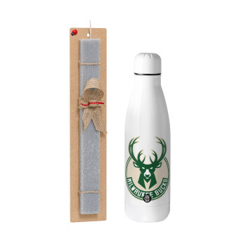 Milwaukee bucks, Easter Set, metallic stainless thermos bottle (500ml) & scented flat Easter candle (30cm) (GRAY)