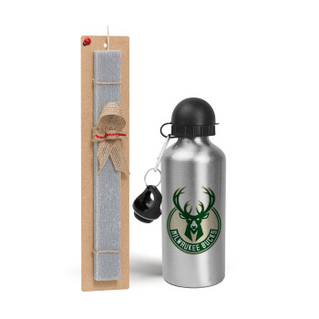 Milwaukee bucks, Easter Set, metallic silver aluminum water bottle (500ml) & aromatic flat Easter candle (30cm) (GRAY)