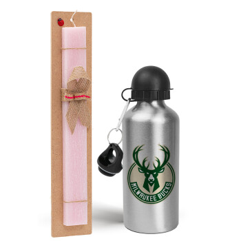 Milwaukee bucks, Easter Set, metallic Silver aluminum water bottle (500ml) & scented flat Easter candle (30cm) (PINK)