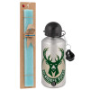Easter Set, metallic silver aluminum water bottle (500ml) & scented flat Easter candle (30cm) (TURQUOISE)