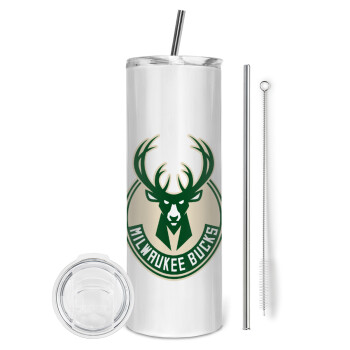 Milwaukee bucks, Tumbler ποτήρι θερμό από ανοξείδωτο ατσάλι 600ml, με μεταλλικό καλαμάκι & βούρτσα καθαρισμού