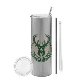 Milwaukee bucks, Tumbler stainless steel Silver 600ml, with metal straw & cleaning brush
