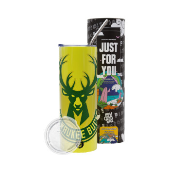 Milwaukee bucks, Neon Yellow Travel Tumbler θερμό, μεταλλικό καλαμάκι(Ανωξείδωτο 304 Food grade, BPA free, 600ml)