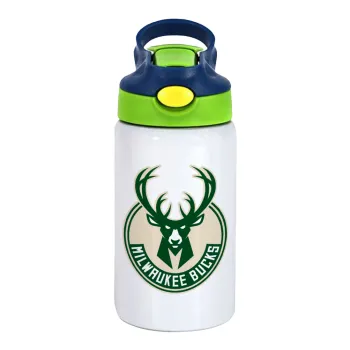 Milwaukee bucks, Children's hot water bottle, stainless steel, with safety straw, green, blue (350ml)