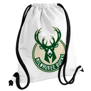 Milwaukee bucks, Τσάντα πλάτης πουγκί GYMBAG λευκή, με τσέπη (40x48cm) & χονδρά κορδόνια