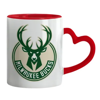 Milwaukee bucks, Mug heart red handle, ceramic, 330ml