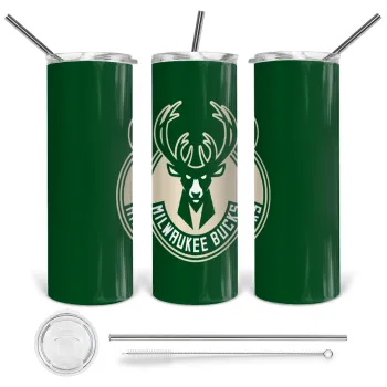 Milwaukee bucks, Tumbler ποτήρι θερμό από ανοξείδωτο ατσάλι 600ml, με μεταλλικό καλαμάκι & βούρτσα καθαρισμού